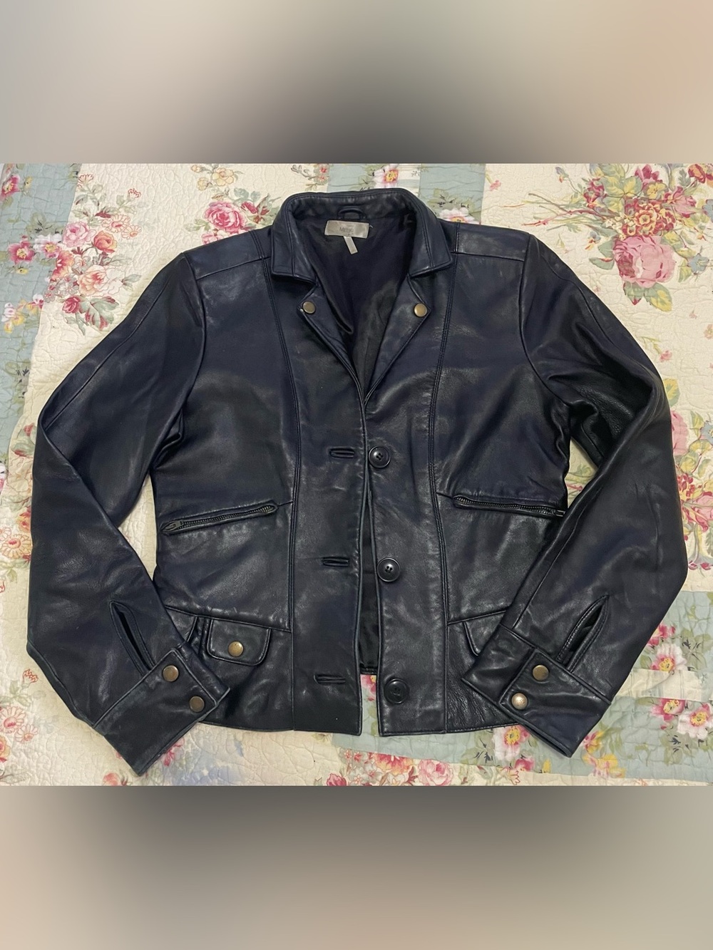 Metro Black Leather Jacket with Brass Snap Details